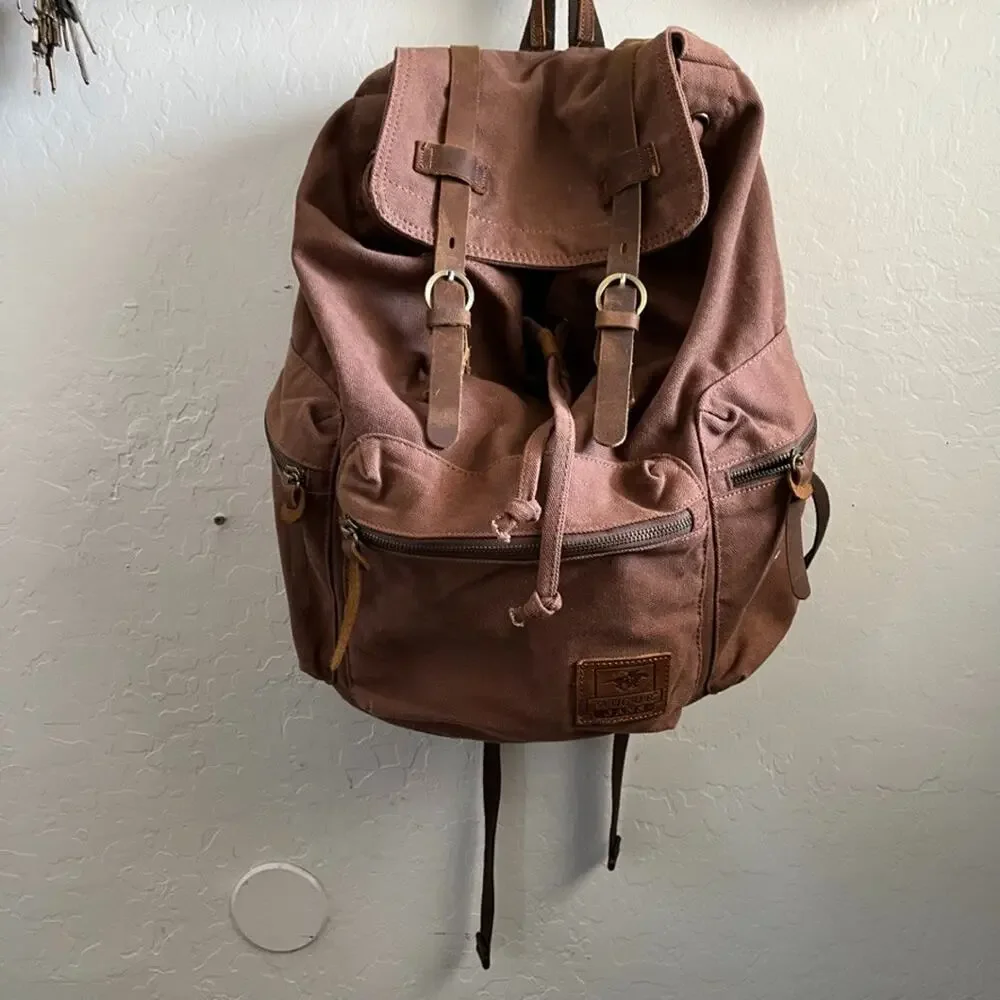 Augur Jans High Capacity Canvas Backpack Brown Leather Detail Rucksack